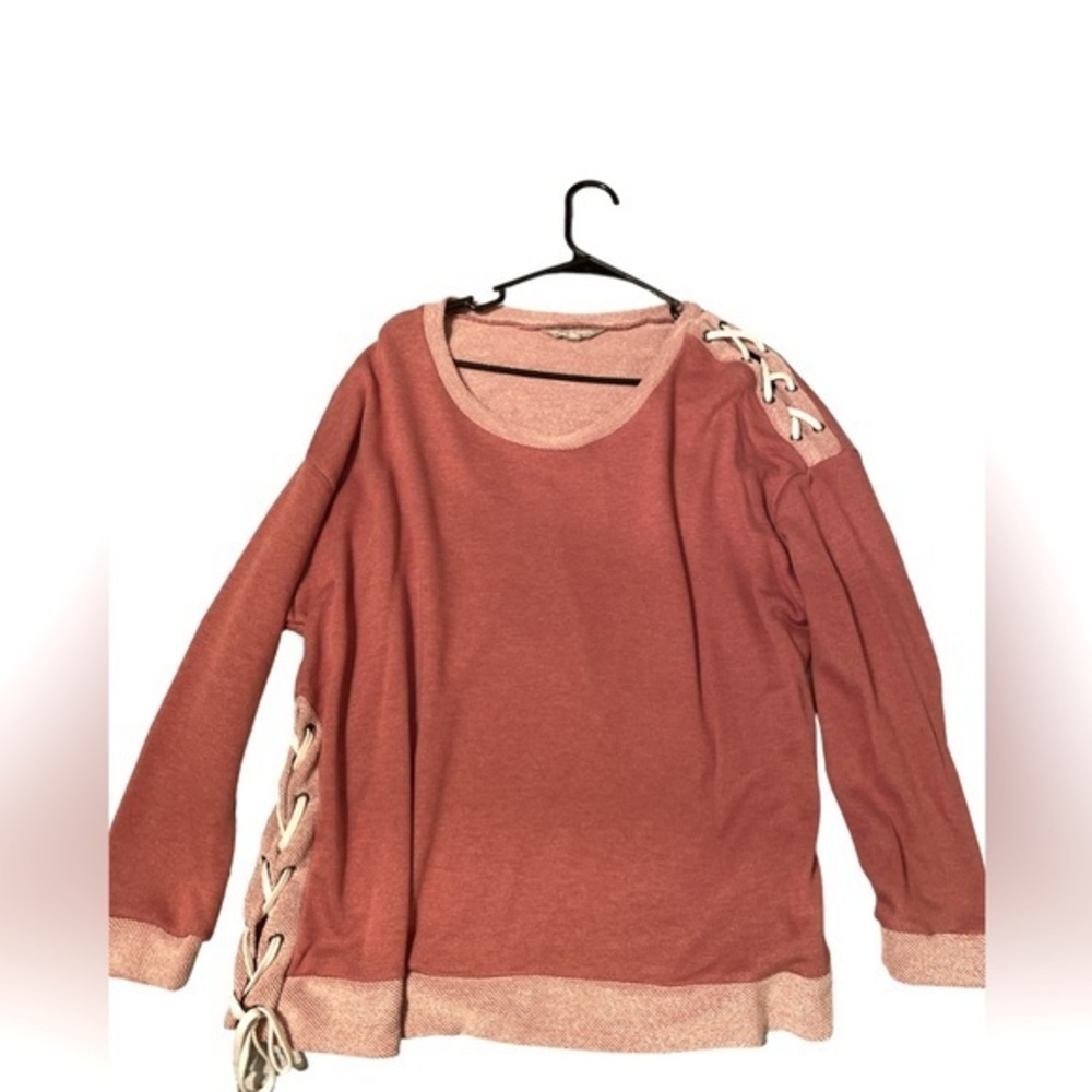Rusty coral sweater with tie details on shoulder and side. Plus Size 1x.